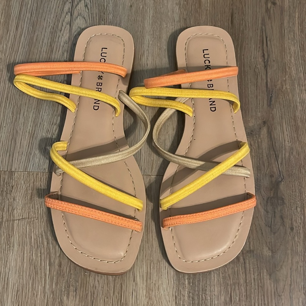 Lucky Brand Orange, Nude, and Yellow Citrus colored strappy sandals.